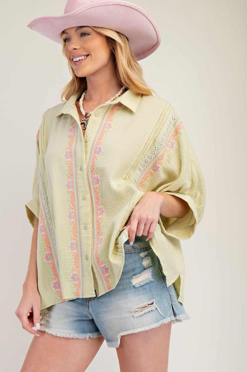 Mint Green Oversized Embroidered Gauze Top