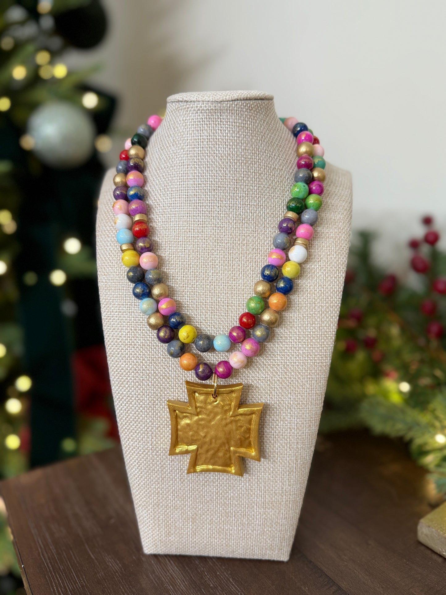 Multicolored Double Strand with Neal Cross Necklace
