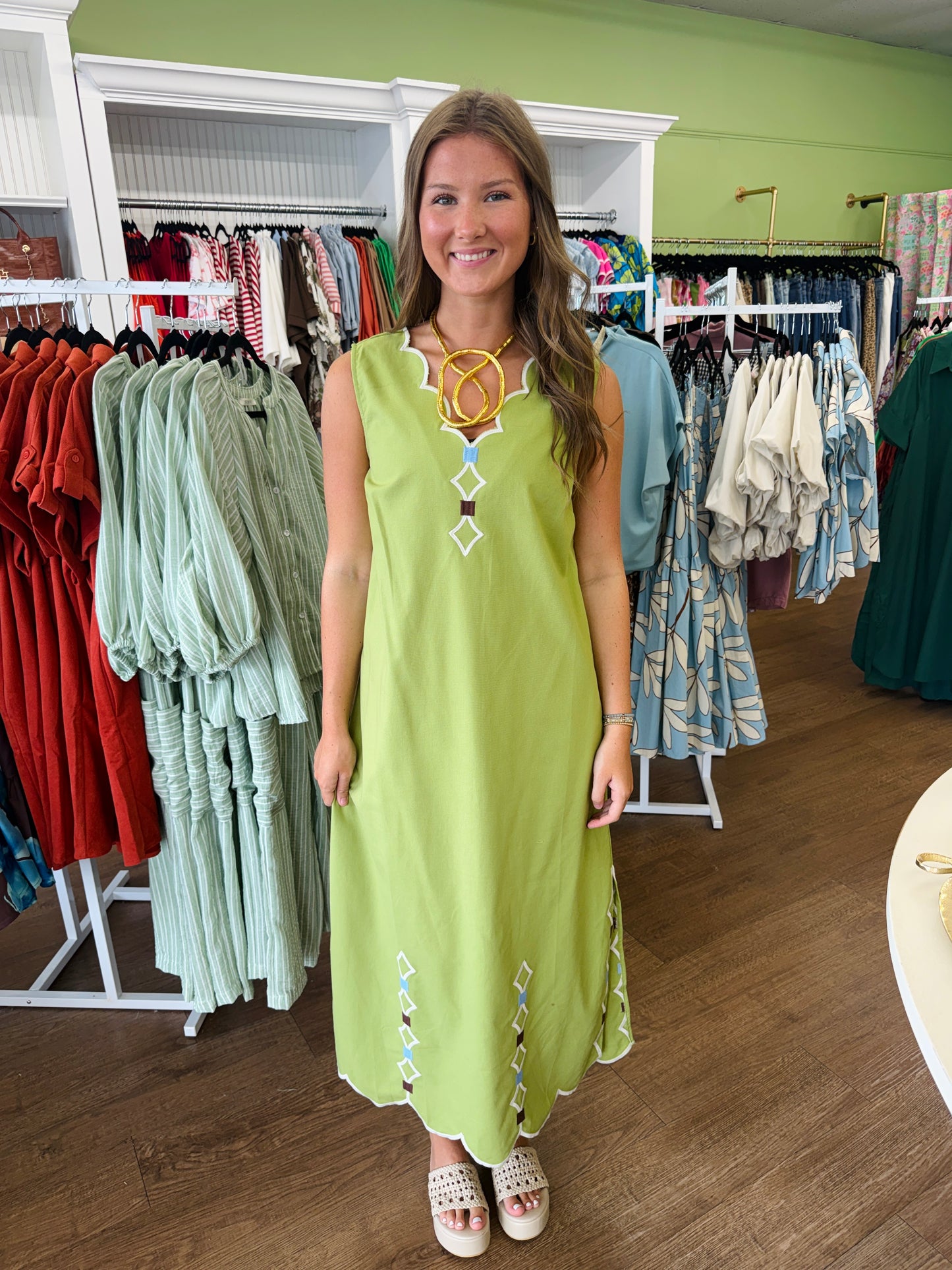 Karlie Scallop Embroidered Dress in Chartreuse