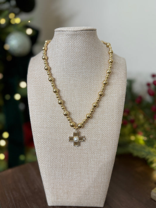 Gold Beaded Cross Necklace