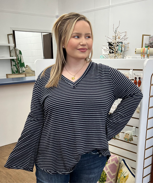 Navy Striped Flare Sleeve Top