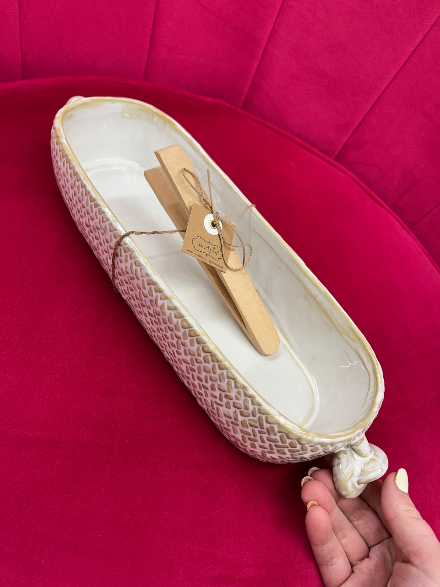 Mudpie Ceramic Bread Bowl & Tongs-Tan