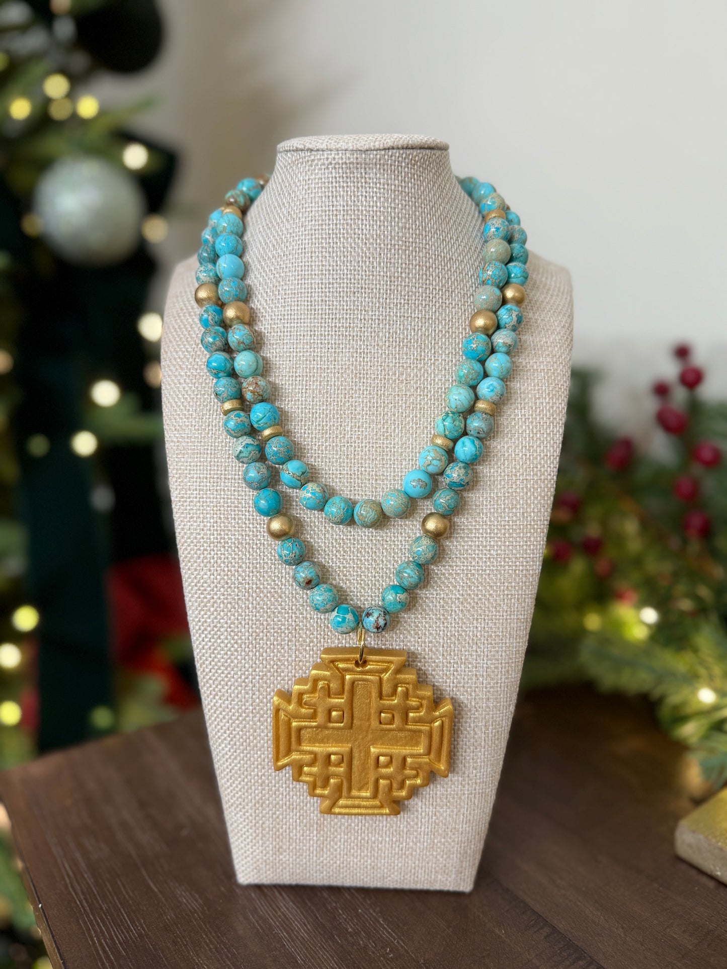 Double Strand Turquoise Sea Sediment Jasper with Jerusalem Cross