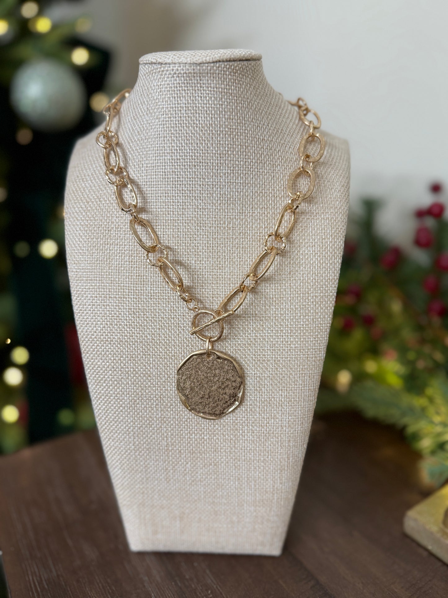 Open Gold Chain Hammered Coin Charm Necklace