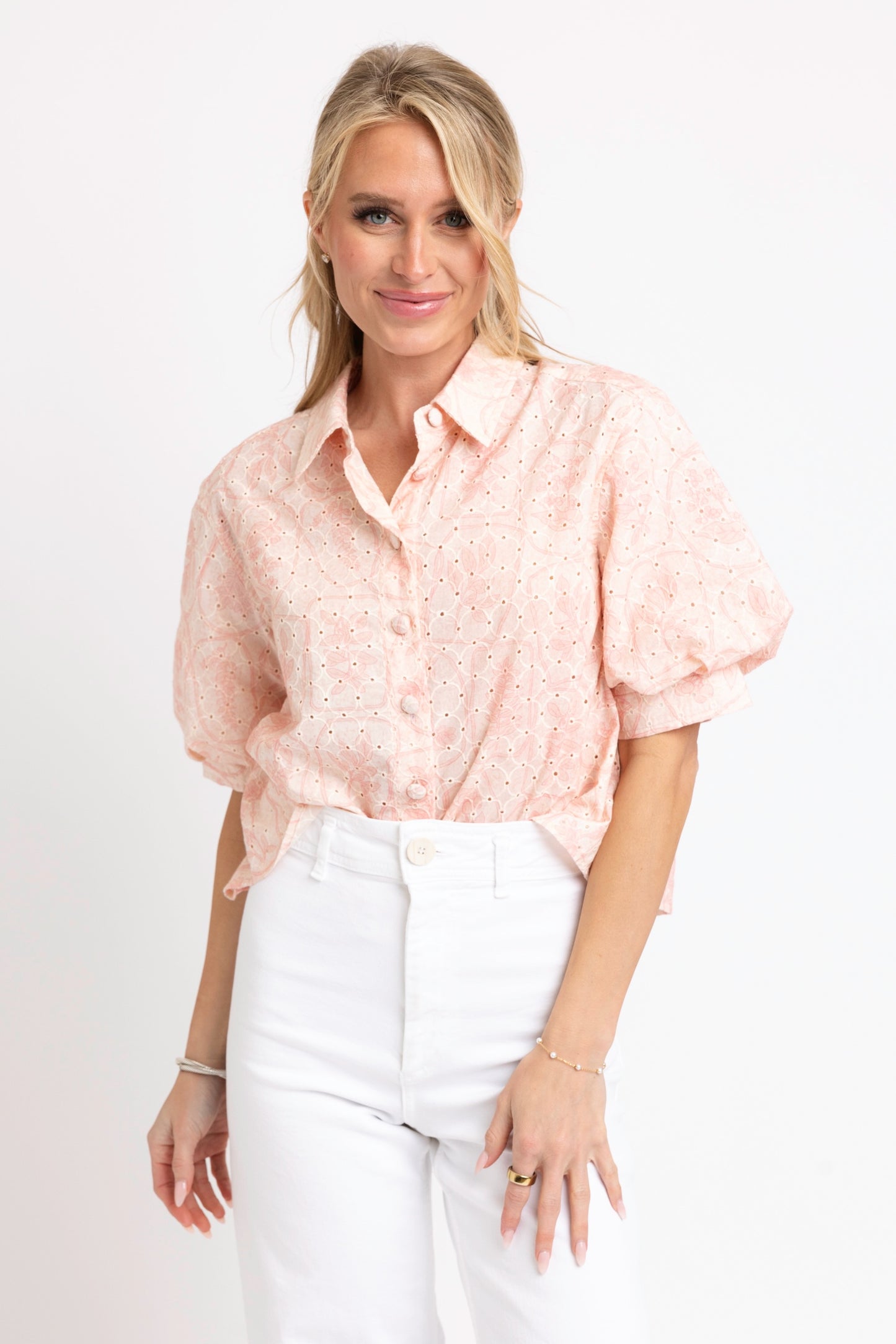 Karlie Eyelet Button Puff Sleeve Top