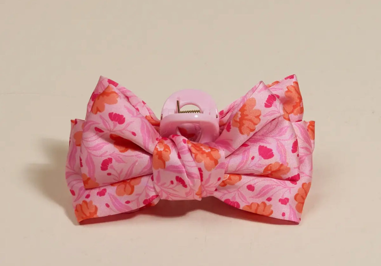Mini Satin Bow Claw Clip-Poppin Petals Hot Pink