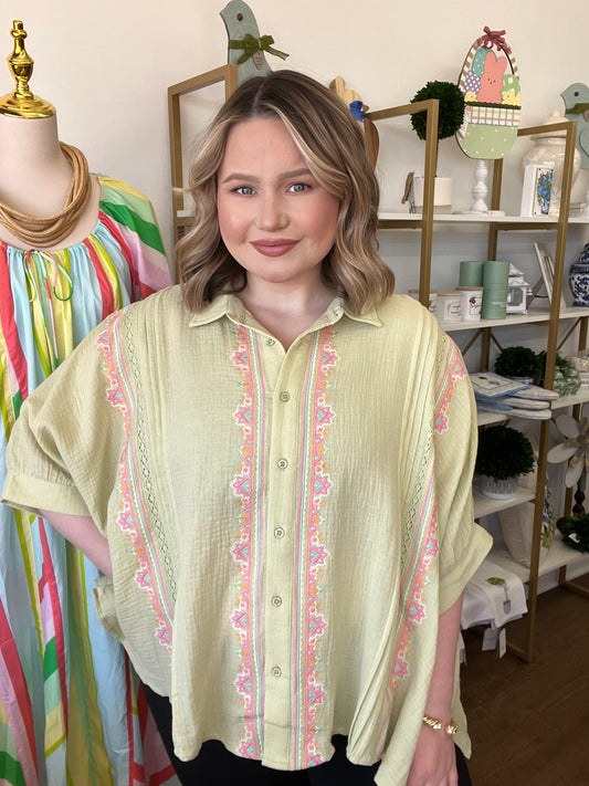 Mint Green Oversized Embroidered Gauze Top