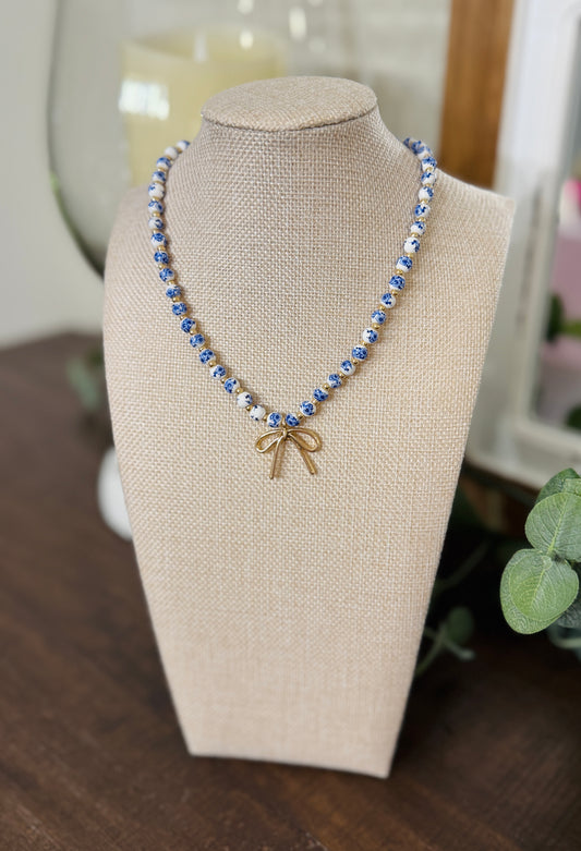 Blue & White Bow Necklace