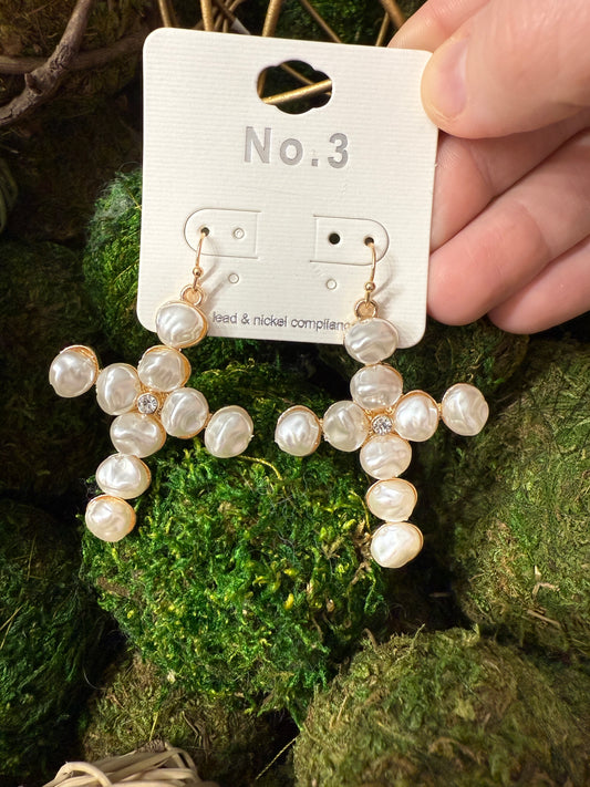 Pearl Dangle Cross Earrings