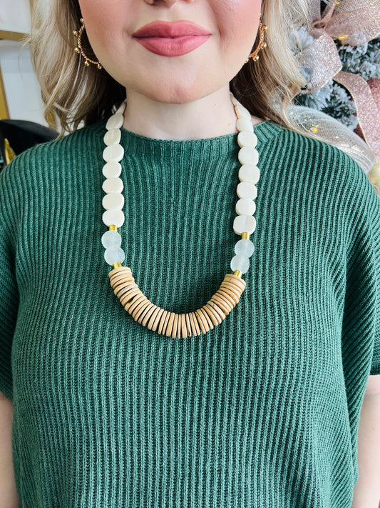 White African Bone Flat Bead Long Statement Necklace