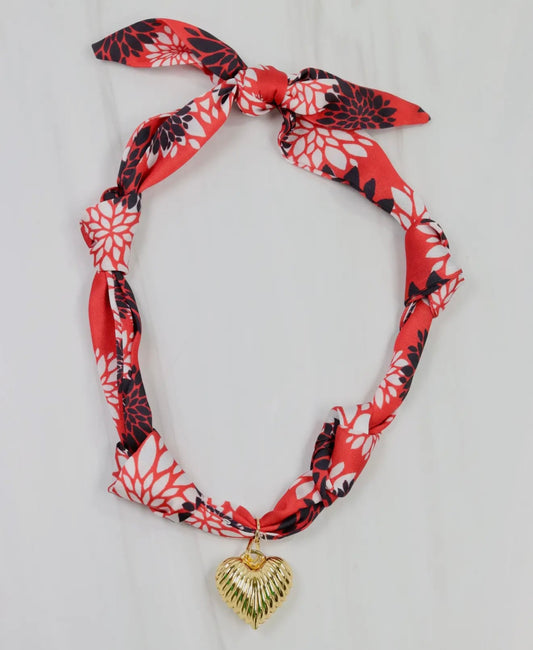 Black + Red Floral Scarf Necklace