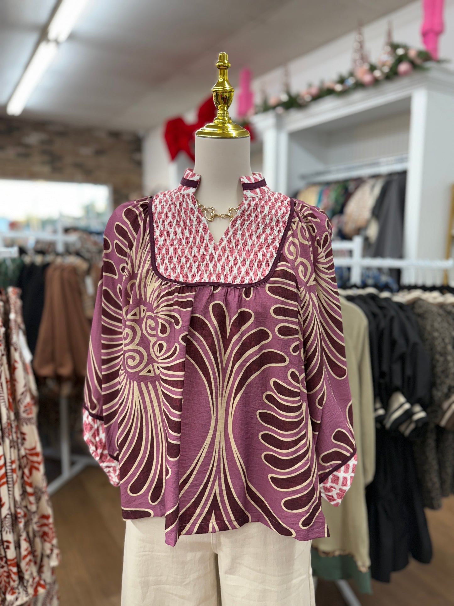 Berry Mixed Print Smocked Top