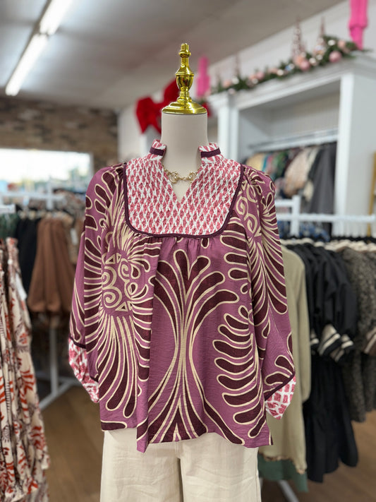 Berry Mixed Print Smocked Top