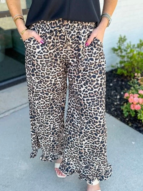 Leopard Ruffle Hem Pants-Regular/Curvy