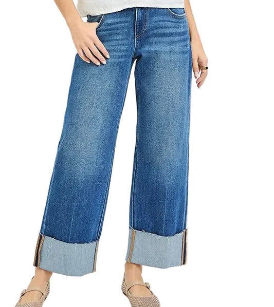 Risen Mid Rise Crop Straight Cuffed Hem Jeans-Regular/Curvy