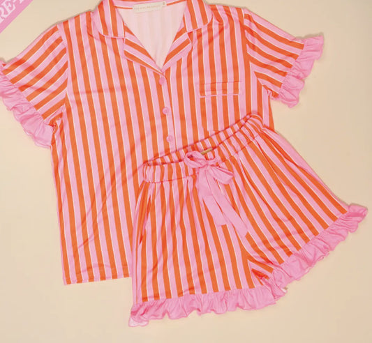 Slumber Party Pajama Short Set-Sicily Pink Stripes