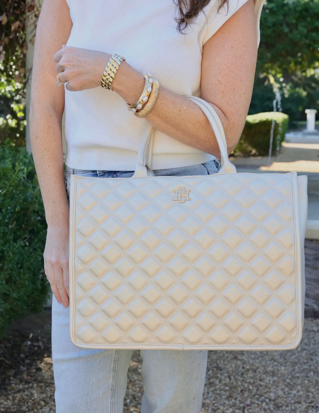 Niall Quilted Tote in Pearl