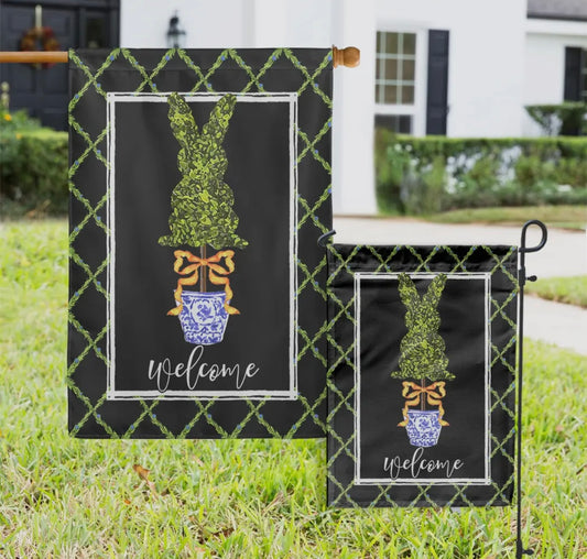 Topiary Bunny Black Garden Flag