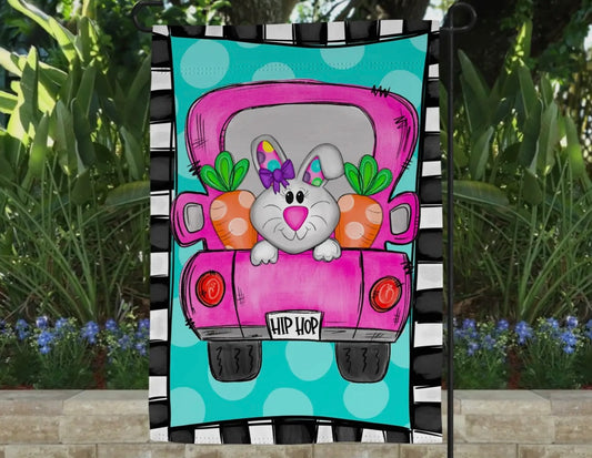 Pink Easter Bunny Truck Garden Flag