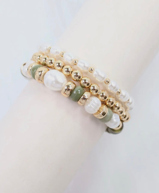 Bowie Bead and Pearl Bracelet Set in Olive