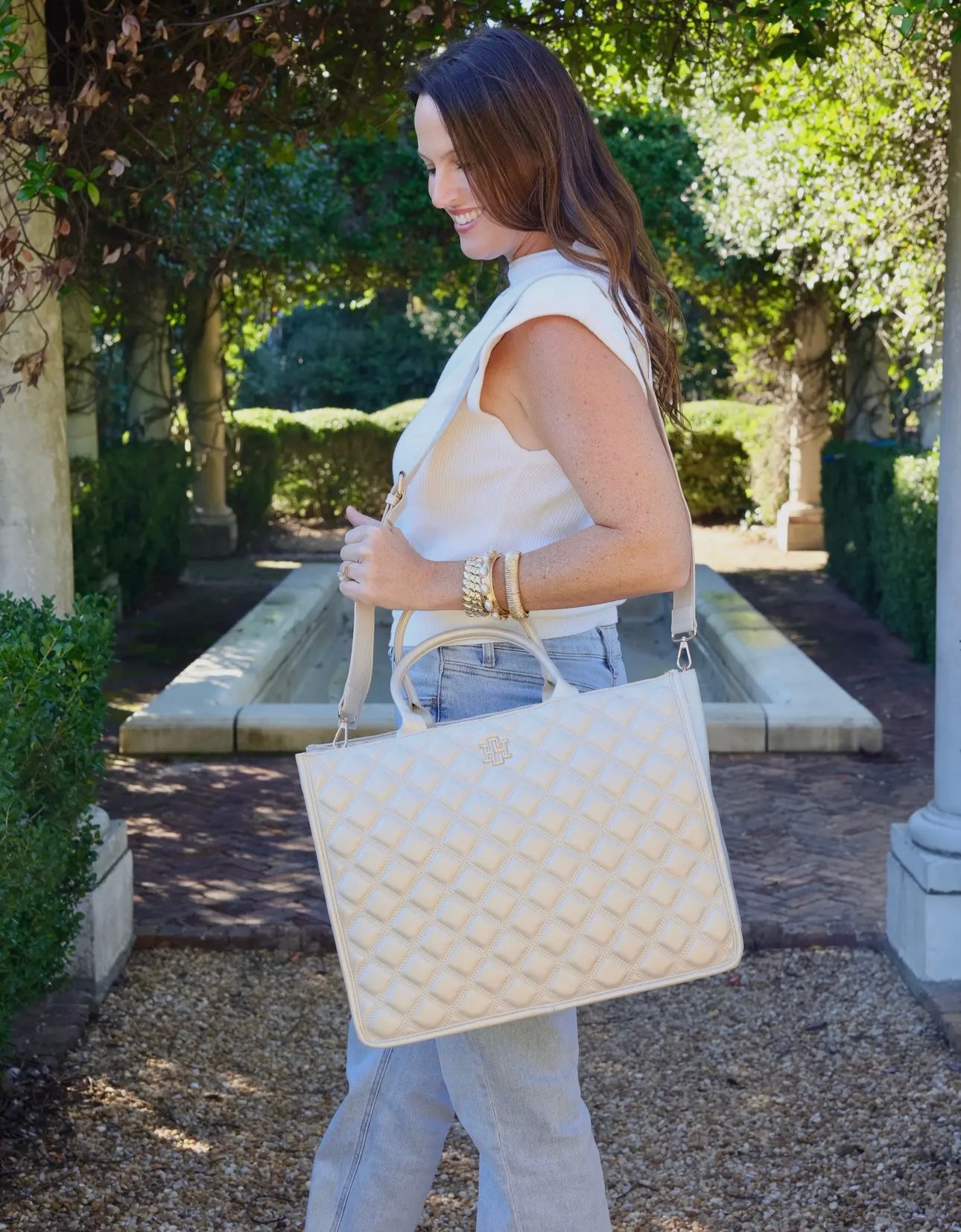 Niall Quilted Tote in Pearl