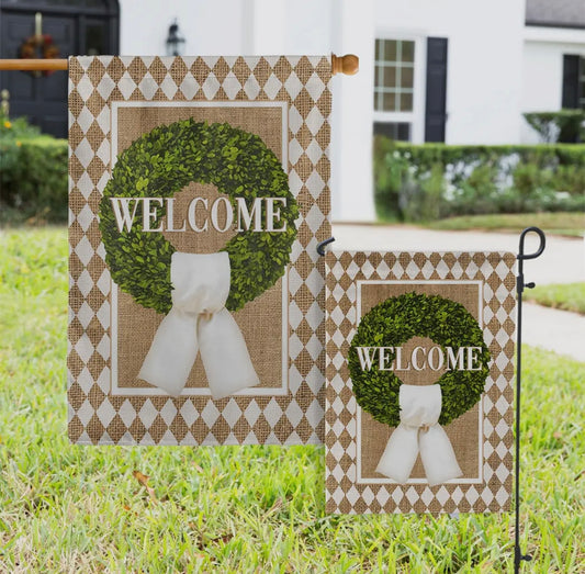 Welcome Boxwood Wreath Garden Flag