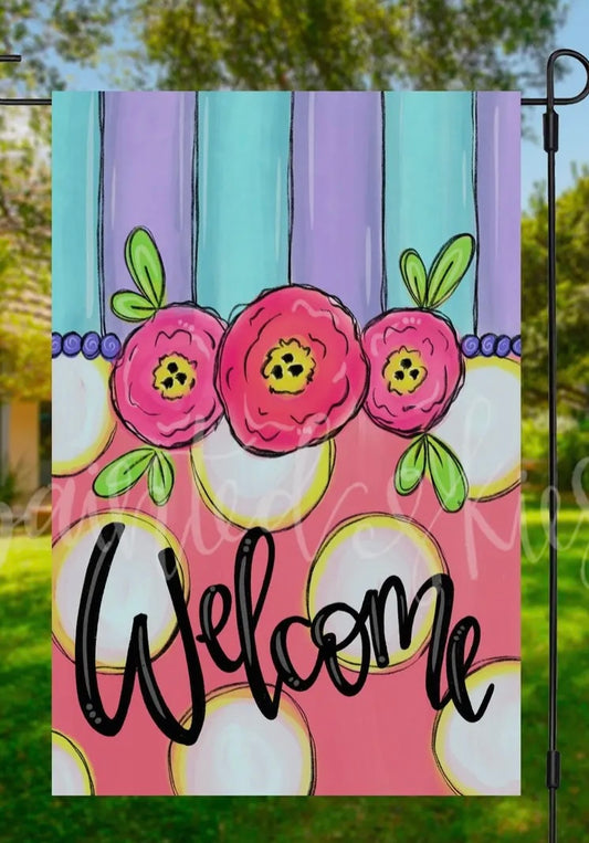 Pink Floral Welcome Garden Flag