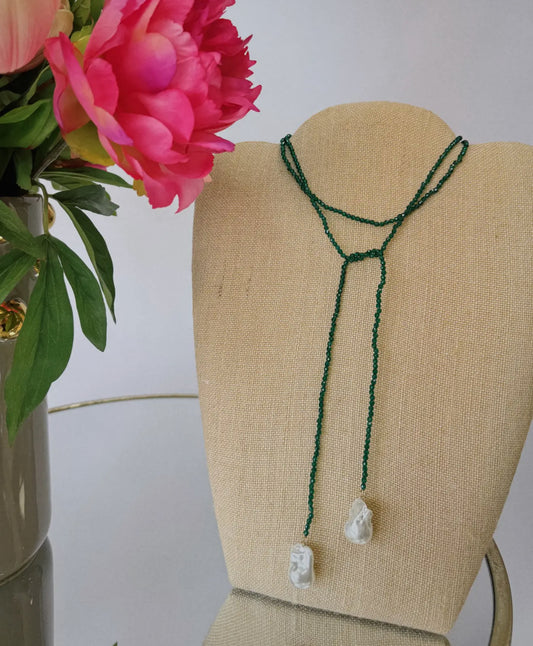 Beaded Wrap Necklace with Pearls-Dark Green