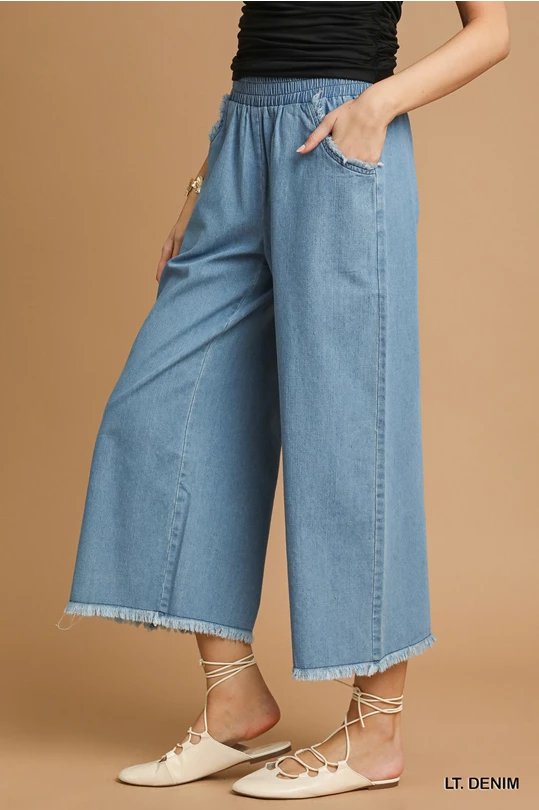 Washed Denim Pants With Fringe Hem