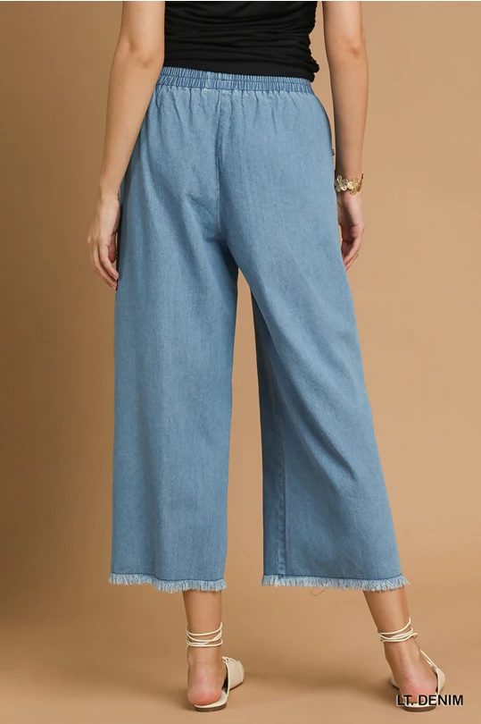Washed Denim Pants With Fringe Hem