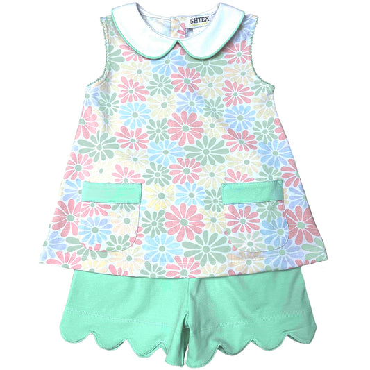 Retro Flower Girls Shorts Set
