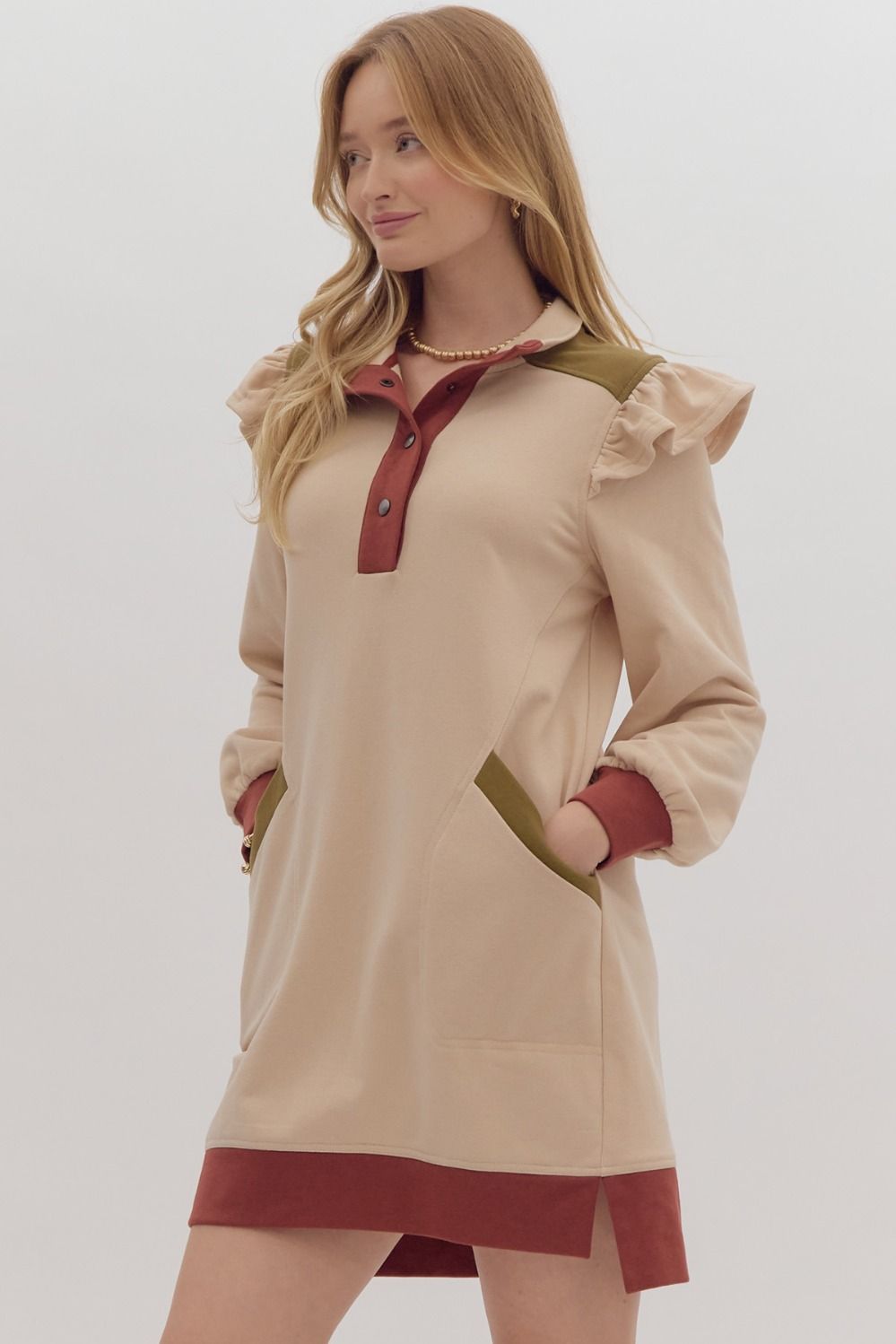 Rust + Olive Trimmed Long Sleeve Mini Dress