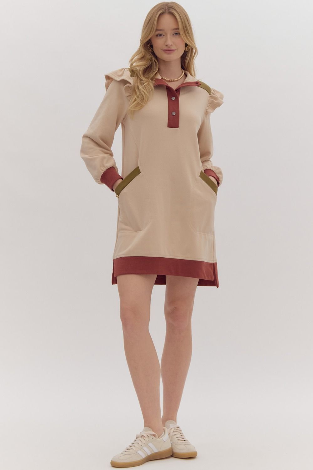 Rust + Olive Trimmed Long Sleeve Mini Dress