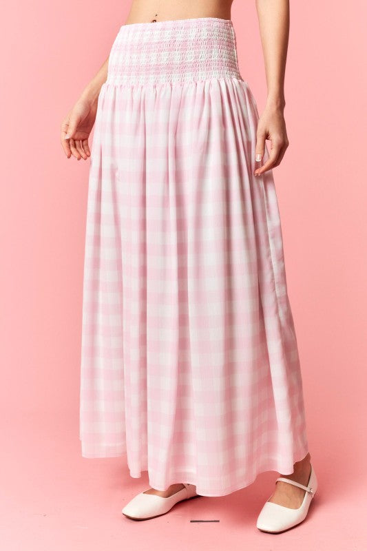 Pink Gingham Smock Waist Maxi Skirt