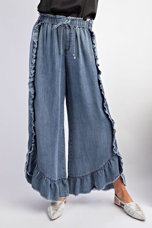 Ruffle Washed Denim Loose Pants-CURVY