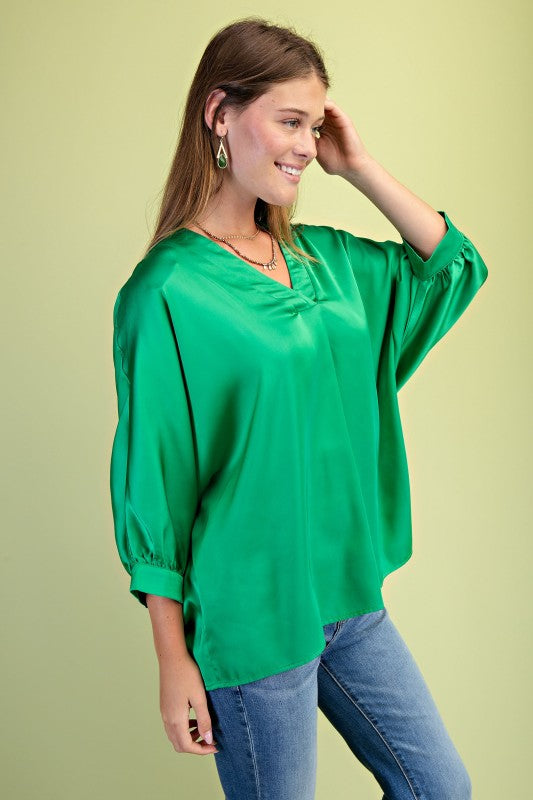 Satin V-neck Loose Fit Blouse-Green-CURVY