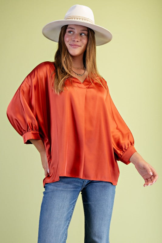 Satin V-neck Loose Fit Blouse-Rust-CURVY