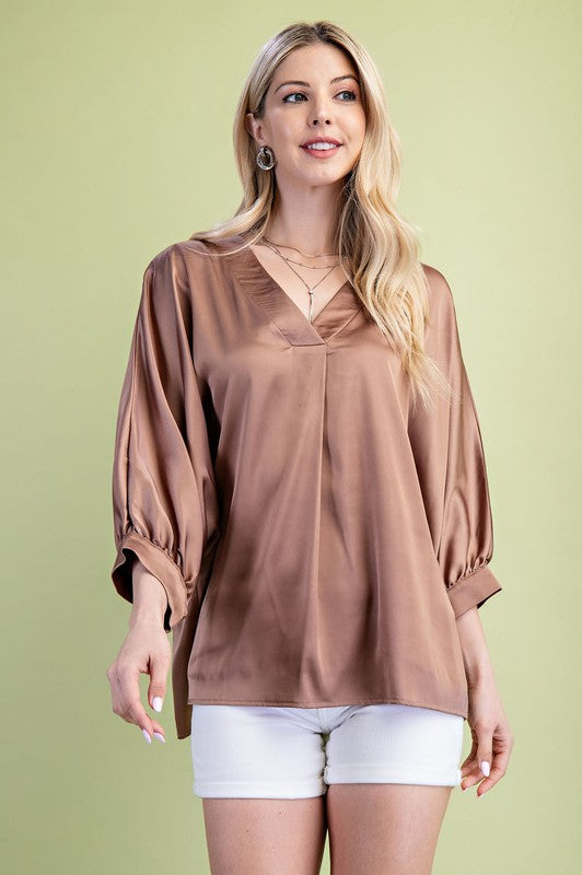 Satin V-neck Loose Fit Blouse-Coffee-CURVY