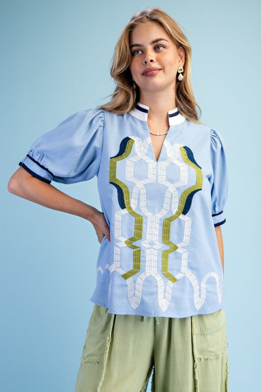 Embroidered Linen Blue Top