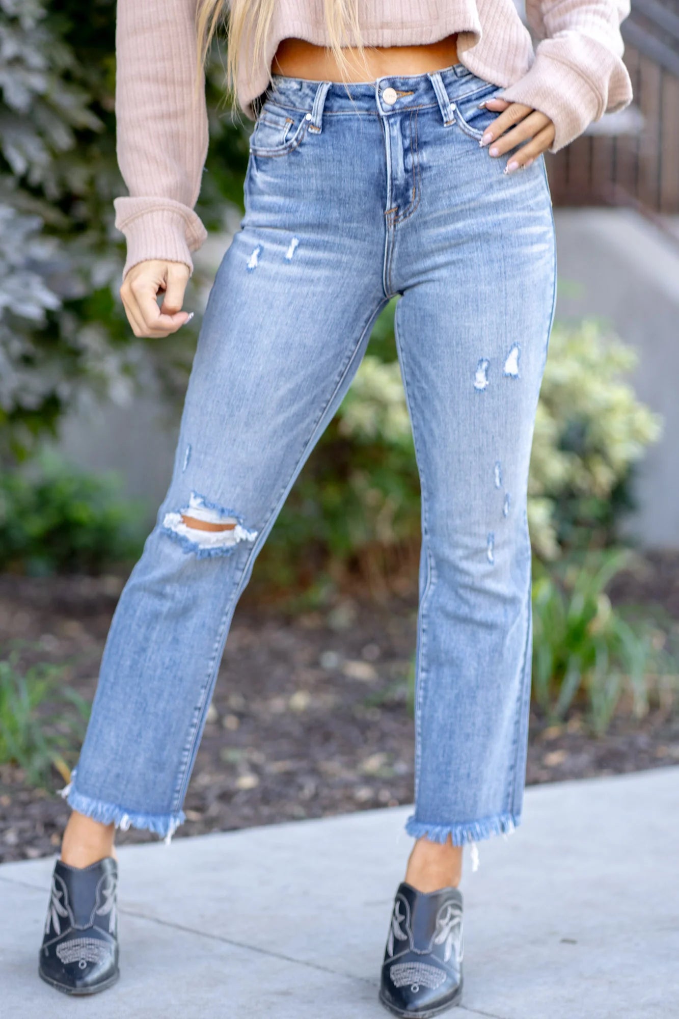 Risen High Rise Crop Bootcut Frayed Jeans