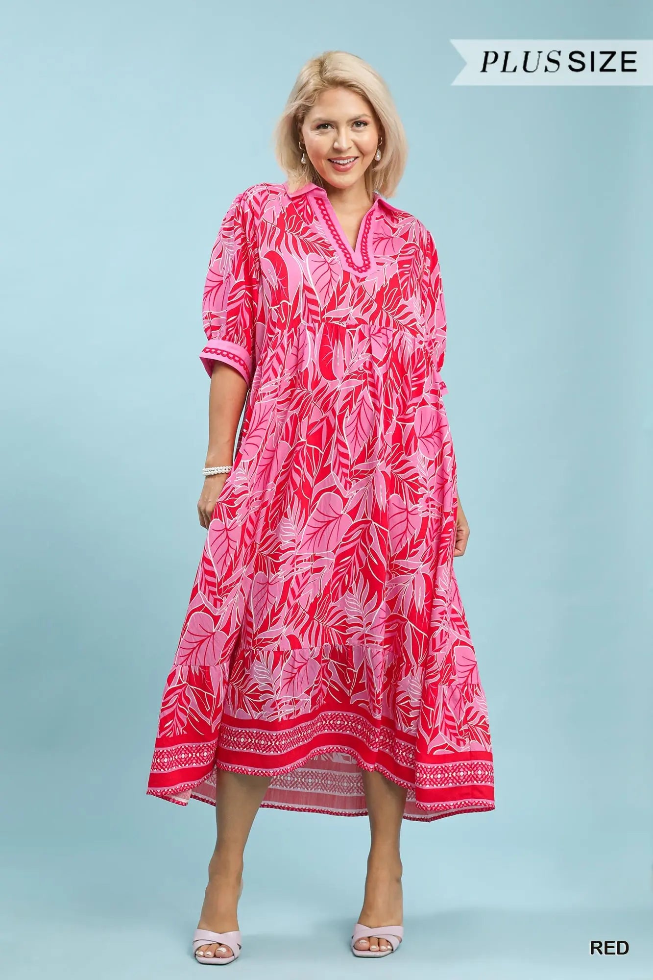 Red Leafy Border Midi Dress-CURVY