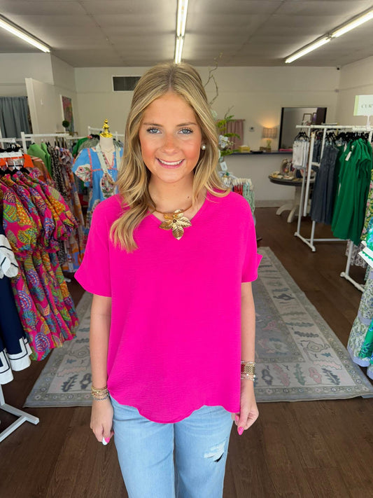 The V-neck Top-Hot Pink