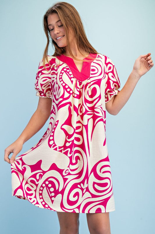Fuchsia Printed Notched Neck Dress