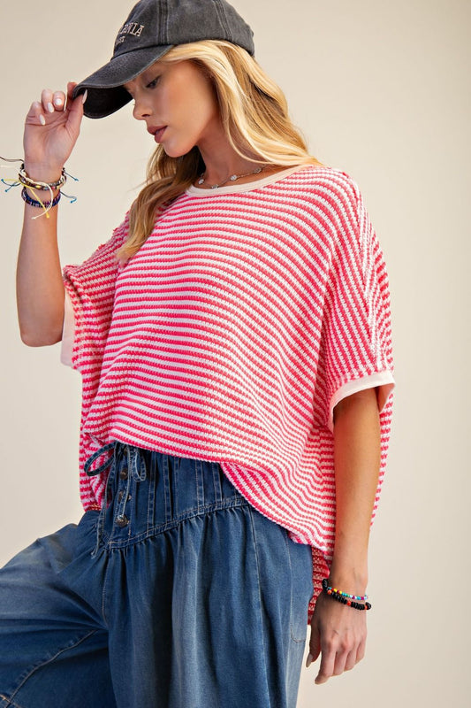 Hot Pink Striped Thermal Washed Oversized Top