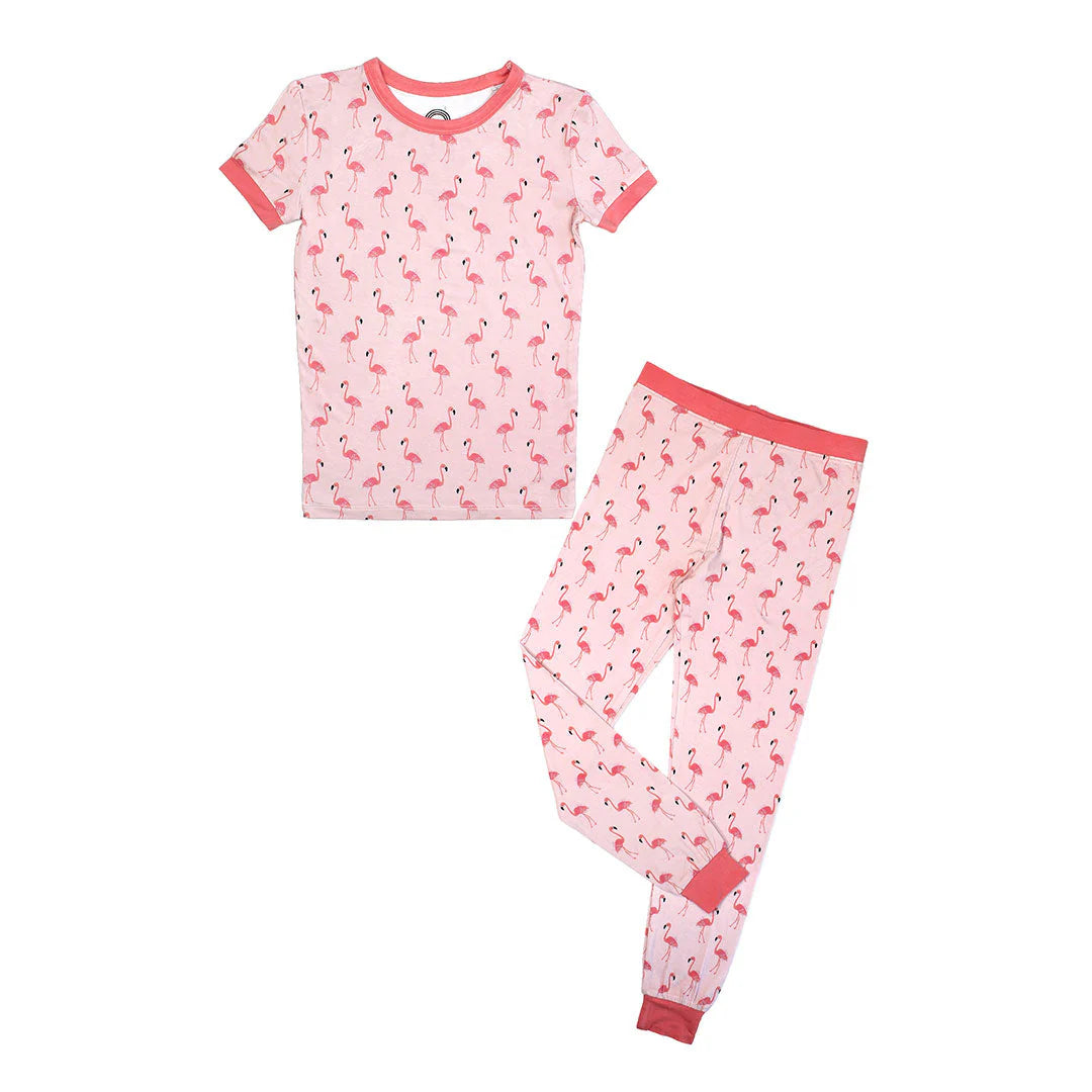 Fancy Flamingos Two-Piece Bamboo Short Sleeve Kids Pajama Pants Set