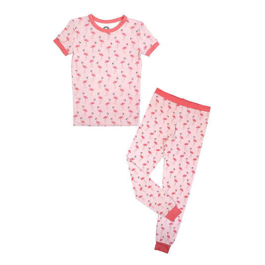 Fancy Flamingos Two-Piece Bamboo Short Sleeve Kids Pajama Pants Set